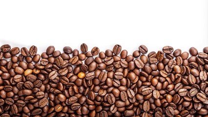Panoramic coffee beans border with space for text on white background