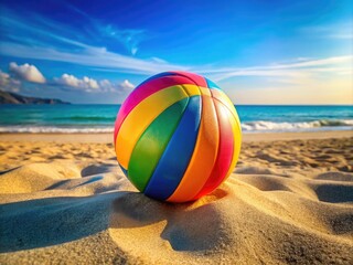 Obraz premium Brightly Colored Volleyball on Sandy Beach Surface Ready for a Fun Game Under the Sunlight
