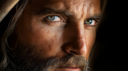 Obraz premium A detailed close-up of the face of Bartholomew, the disciple of Jesus, his eyes filled with honesty and devotion. His expression is calm and reflective, embodying his deep faith an