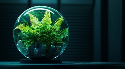 Lush fern inside a glass terrarium with soft lighting and dark background.