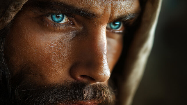 A close-up image of Bartholomew, also known as Nathanael, showing his sincere and thoughtful face. His deep, honest eyes convey a strong connection to his faith, highlighting the p