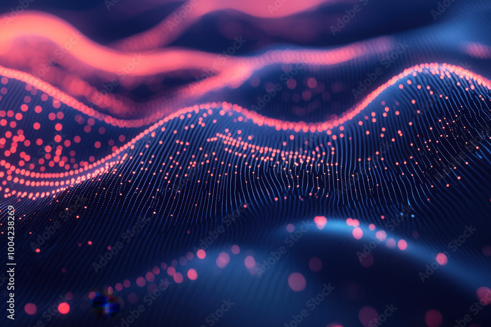 Poster vibrant digital landscape depicting flowing waves of luminous particles in a mesmerizing display of 