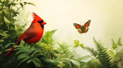 A bright scene of vibrant life and natural harmony against a light background is created by a red cardinal bird and a butterfly nestled among lush green leaves and ferns.