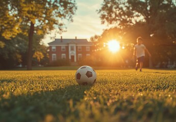 Young boy soccer player practices kicking a ball during sunset on a grassy field
