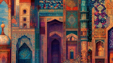 Vibrant tapestries ornate weavings and intricate architectural patterns that evoke a diverse array of traditional cultural backgrounds and global influences with a painterly dreamlike and surreal