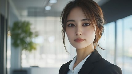 A woman in a gray suit is standing in front of a window. She is wearing a white shirt and has her arms crossed