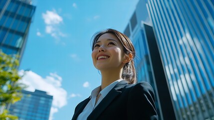 A woman in a business suit is smiling and looking up at the sky. Concept of positivity and confidence, as the woman is enjoying her day and feeling good about herself. The bright blue sky