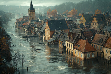Fototapeta premium A town submerged under water after a dam breaks, with only rooftops visible above the waterline.