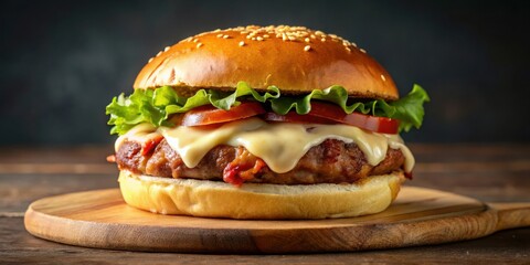 Delicious bacon burger with creamy sauce on a grilled sesame bun