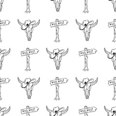 Wild west cow skull in cowboy hat seamless pattern. Hand drawn black outline western vector illustration.