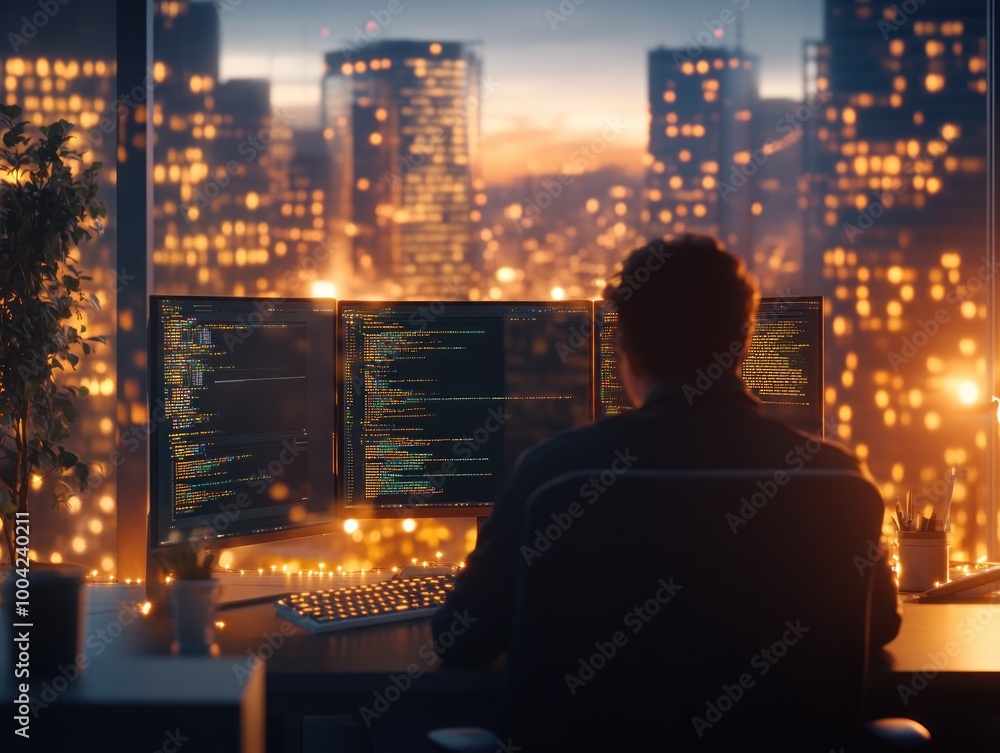 Poster software developer working late at night in office with city lights, focused on coding project, demo