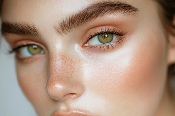 Obraz premium A close-up image showcasing the beautiful green eyes of a woman with natural makeup. Ideal for beauty, skincare, generative ai