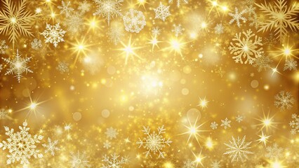 Panoramic golden snowy Christmas background with stars