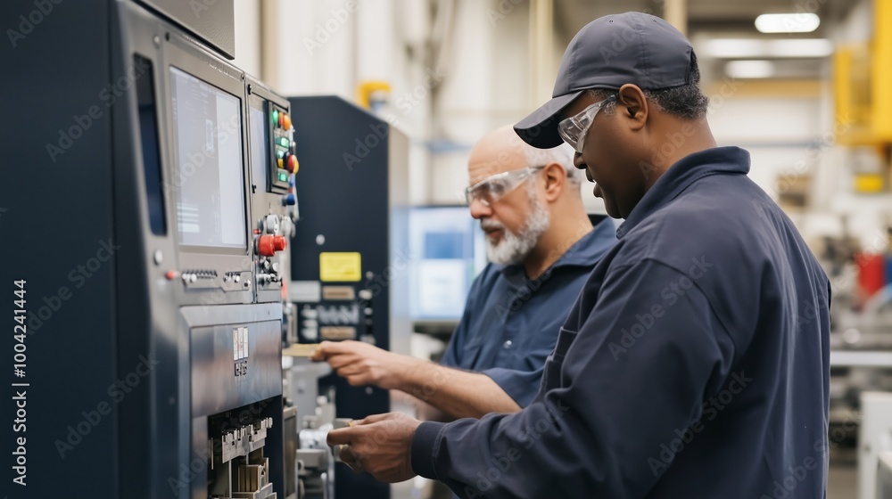 Poster Workers collaborating at a manufacturing facility, adjusting machinery settings for production efficiency during daylight hours