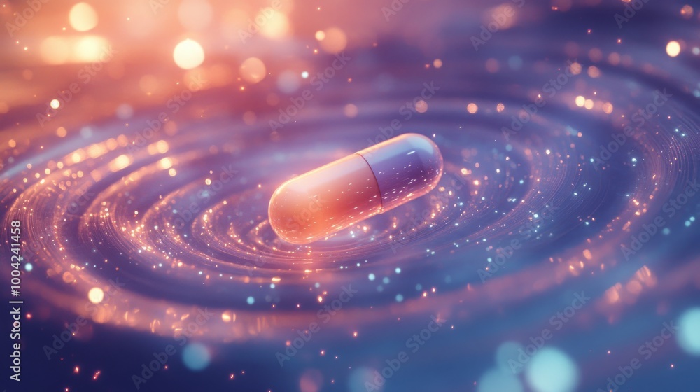 Poster a single pill rests on the surface of a glowing, abstract liquid. the pill is suspended in the middl