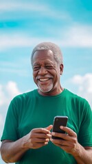 Fototapeta premium A man is smiling and holding a cell phone