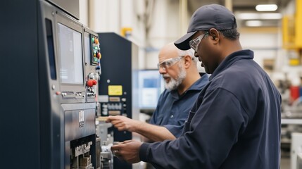 Workers collaborating at a manufacturing facility, adjusting machinery settings for production efficiency during daylight hours