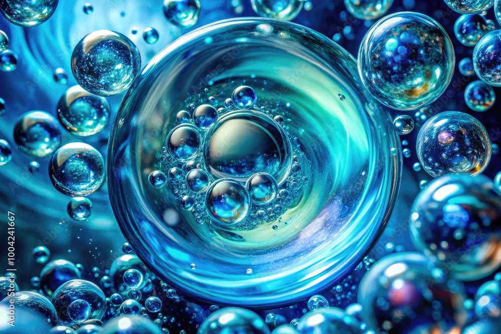 Poster captivating vortex of bubbles in blue and cyan shades creating a mesmerizing visual effect