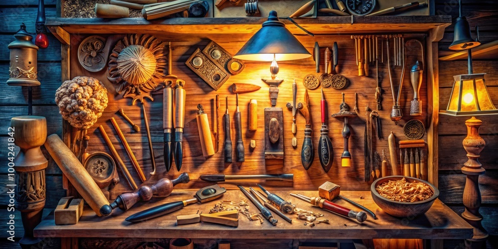 Poster carpentry workshop desk displaying various handmade carving tools for woodworking top view perspecti