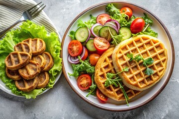 Panoramic homemade chicken sausage waffle breakfast