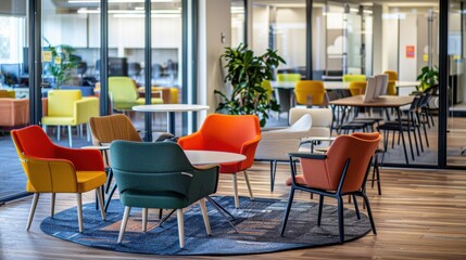 Fototapeta premium Modern Office Lounge with Colorful Furniture Arrangement