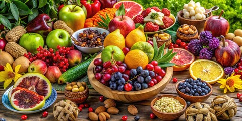 Fototapeta premium Celebrating Tu B'Shevat with a Bountiful Display of Fresh Fruits, Nuts, and Nature's Abundance