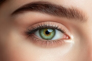 Obraz premium A close-up image showcasing the beautiful green eyes of a woman with natural makeup. Ideal for beauty, skincare, generative ai