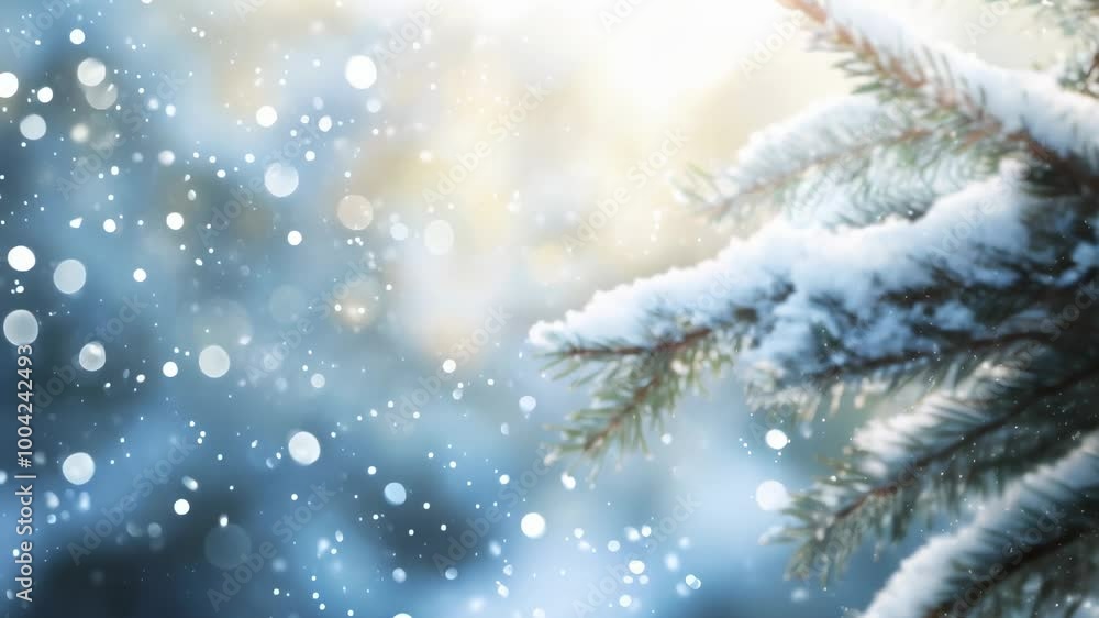 Poster Snow is falling on the branches of a pine tree, creating a magical winter wonderland effect with a blurred background and bokeh