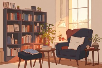Fototapeta premium Cozy Reading Nook with Bookshelf and Plants