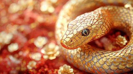 Fototapeta premium Chinese New Year, year of the snake. Chinese snake on a red background, with copy space. New Year 2025