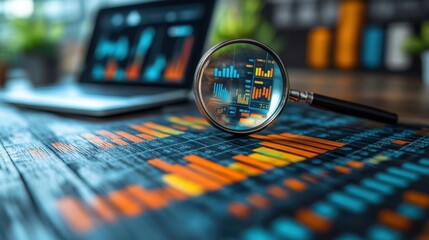 magnifying glass and laptop displaying interactive data analytics surrounded by colorful charts and graphs illustrating the power of seo tools for modern business strategies