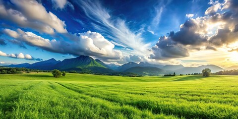 Obraz premium Panoramic landscape with green grass field, blue sky, clouds, and mountains in the background
