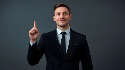 Businessman wear classic formal black suit shirt tie work in office point index finger aside on area isolated on plain black background studio portrait. Copy space at his hand for promotion and advert