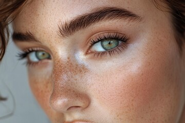 Fototapeta premium A close-up image showcasing the beautiful green eyes of a woman with natural makeup. Ideal for beauty, skincare, generative ai
