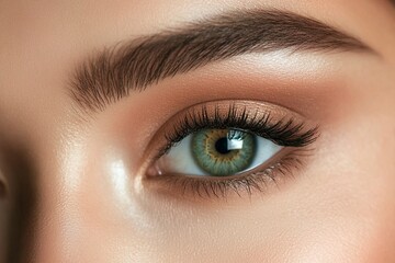 A close-up image showcasing the beautiful green eyes of a woman with natural makeup. Ideal for beauty, skincare, generative ai
