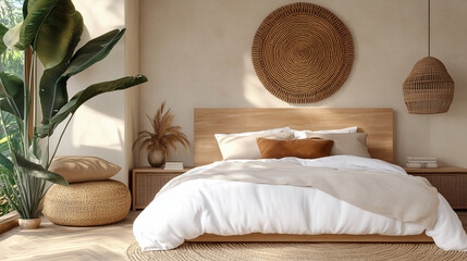 serene bedroom featuring cozy bed with white bedding, complemented by natural textures and greenery. warm tones and woven decor create calming atmosphere. 