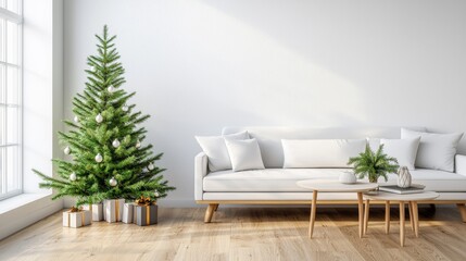 Living Room Christmas interior in Scandinavian style. Orange sofa against bright wall Mockup.