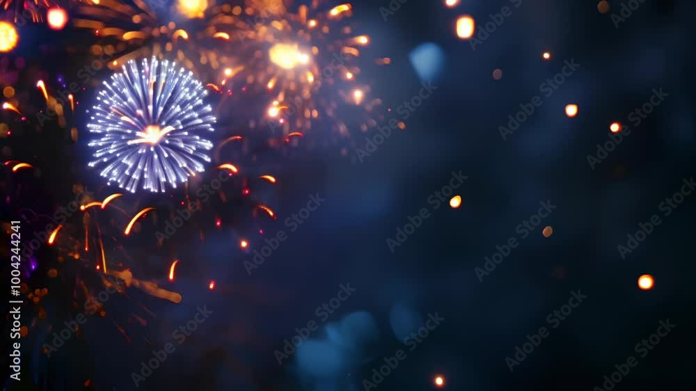 Poster colorful fireworks exploding in night sky, creating a beautiful bokeh effect with copy space. perfec