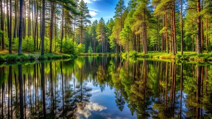 Obraz premium Panoramic natural pond in forest with tree reflections, wood background, nature photography wallpaper