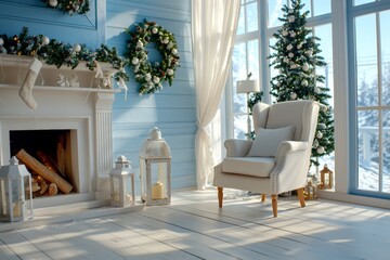Fototapeta premium A beautiful Christmas-themed photo zone with fir decorations and a fireplace