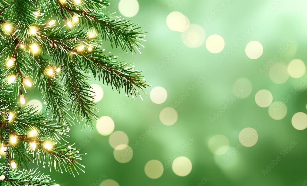 Poster an image of a christmas tree branch with a garland in front of a green background.