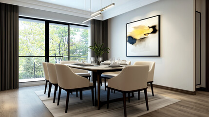 modern dining room featuring stylish table set for meal, surrounded by elegant chairs. Large windows provide natural light and view of greenery outside, creating serene atmosphere. 