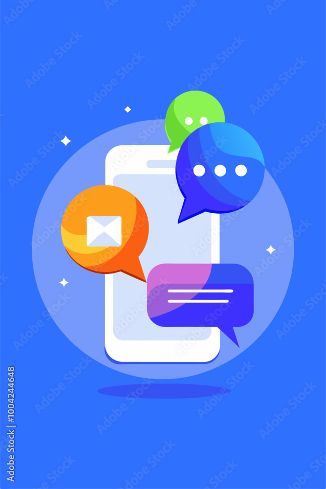 Poster phone messaging concept with speech bubbles on the screen. mobile phone texting dialogue