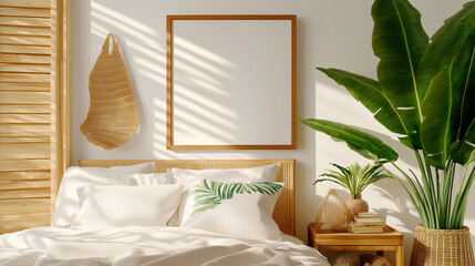 serene bedroom scene featuring cozy bed with white linens, decorative pillow, and large green plant. Natural light casts soft shadows, enhancing tranquil atmosphere. 