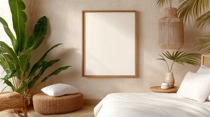 serene bedroom featuring blank frame on wall, surrounded by lush greenery and natural textures. calming atmosphere invites relaxation and creativity. 