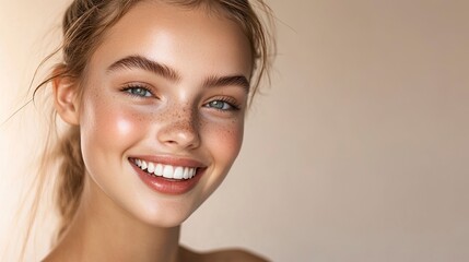 Naklejka premium A close-up portrait of a young woman with light brown hair pulled back in a ponytail, smiling brightly. Her skin is fair and glowing, and her teeth are white and bright, generative ai