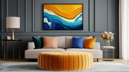 modern living room featuring stylish sofa adorned with colorful cushions, vibrant round ottoman, and abstract painting on wall. decor exudes warm and inviting atmosphere. 