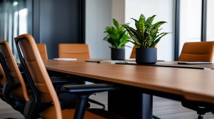 Fototapeta premium modern conference room featuring large wooden table surrounded by stylish orange chairs. Lush green plants add touch of nature, creating welcoming atmosphere for meetings. 