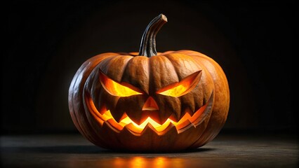 Spooky Halloween Jack-o'-Lantern: Glowing Carved Pumpkin with Menacing Face on Dark Background - Eerie Orange Light for Halloween Decor
