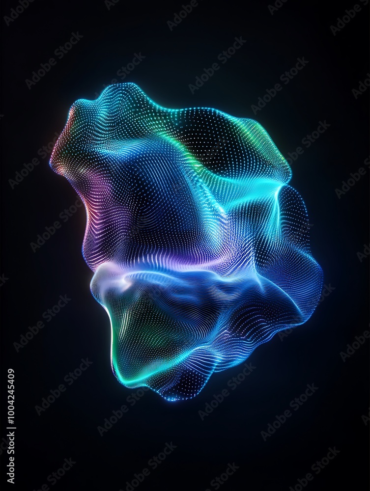 Poster a colorful abstract 3d mesh shape illuminated with vibrant gradients against a dark background. a mi